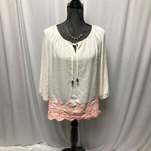 Jolt Peasant Top Womens Large White Coral Pink Embroidered Shirt